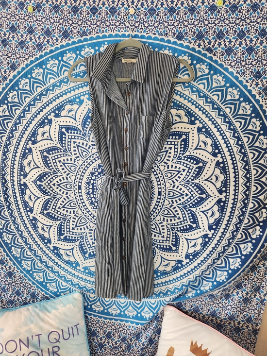 Rebellion Dresses & Skirts - Rebellion, Navy and White Striped Sleeveless Shirt Dress with Tie Waist